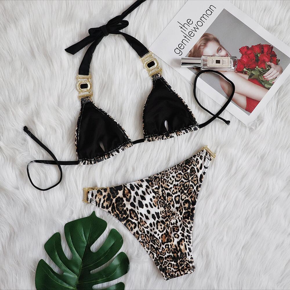 Leopard-Print Diamond Low-Rise Push-Up Swimsuit