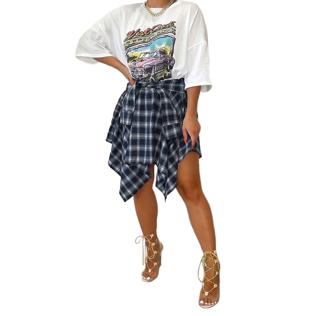 Women's Fashion Irregular Plaid Tie-Sleeve Fake Shirt Skirt