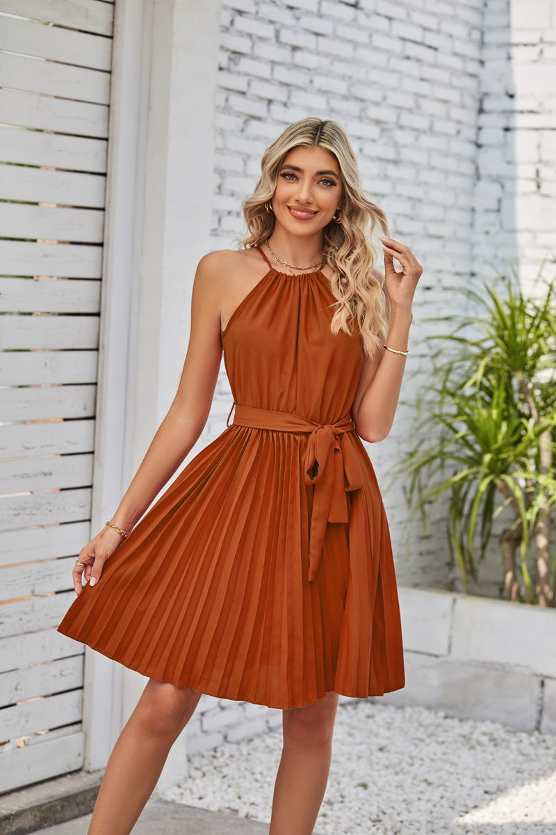 Women's Fashion Elegant Halter Lace-up Sleeveless Pleated Mini Dress