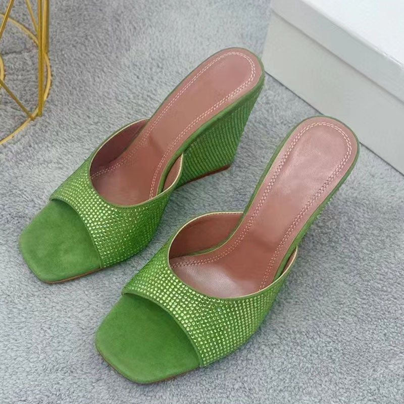 Summer New Square Toe Wedge Full Diamond Muller High Heels Slippers