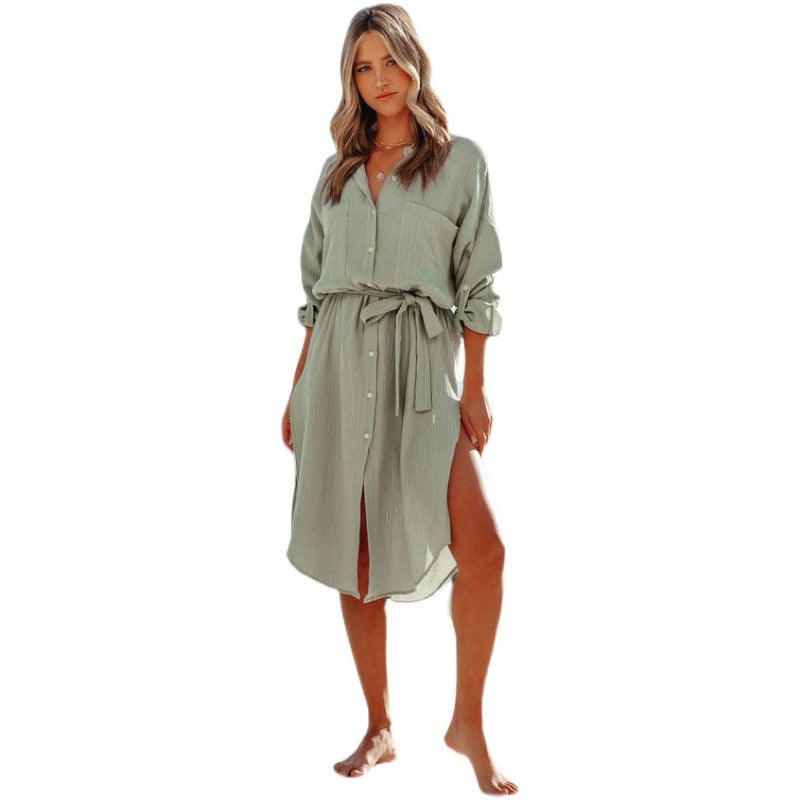 Women's Solid Color Long-sleeved Shirt Dress