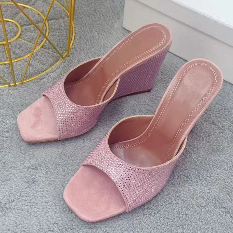 Summer New Square Toe Wedge Full Diamond Muller High Heels Slippers