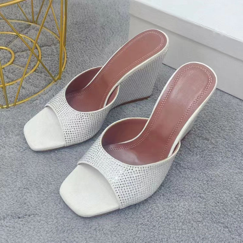 Summer New Square Toe Wedge Full Diamond Muller High Heels Slippers