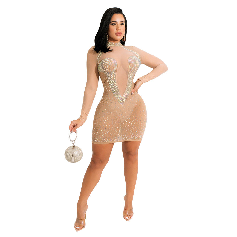 Women's Mesh Rhinestone Long-sleeved Dress