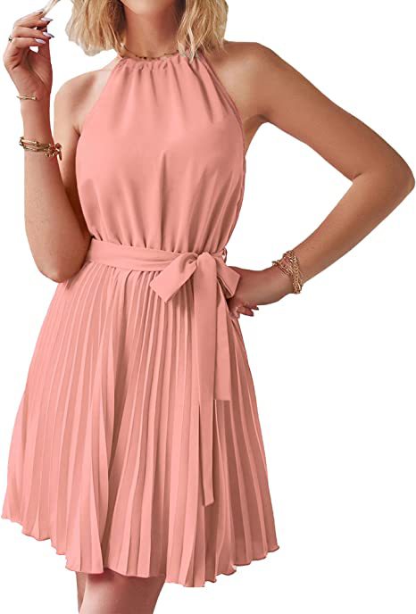 Women's Fashion Elegant Halter Lace-up Sleeveless Pleated Mini Dress