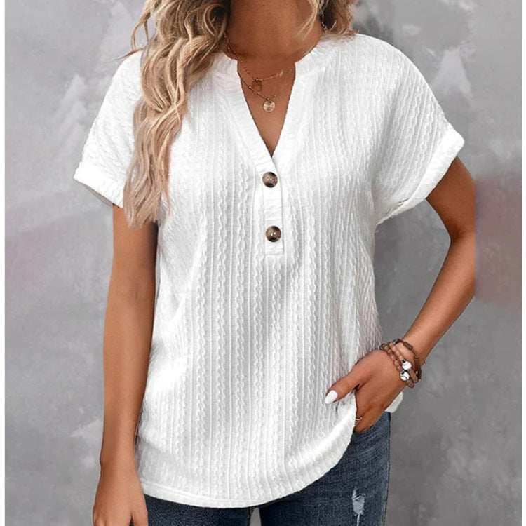 Women's Batwing Sleeve Solid Color And V-neck Button T-shirt