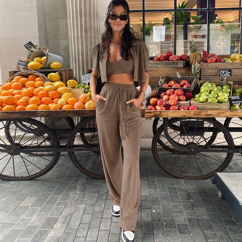 Women's New Summer Fashion Short-sleeved Tops Wide-leg Pants Suits