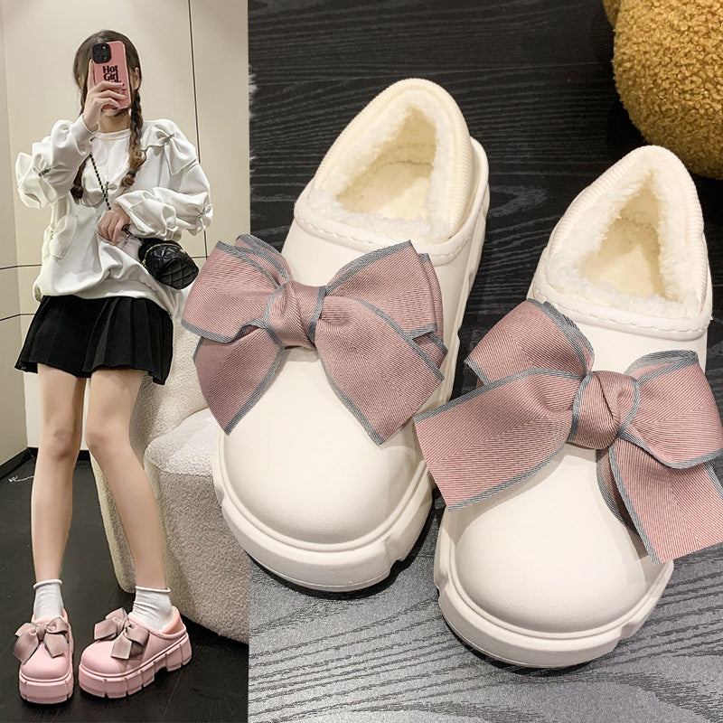 Bowknot Cotton Slippers Warm With Velvet Waterproof Home Indoor Platform Cotton Shoes