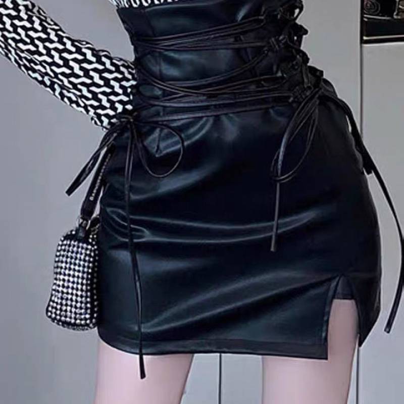 Women's Strappy High Waist Slit Leather Skirt