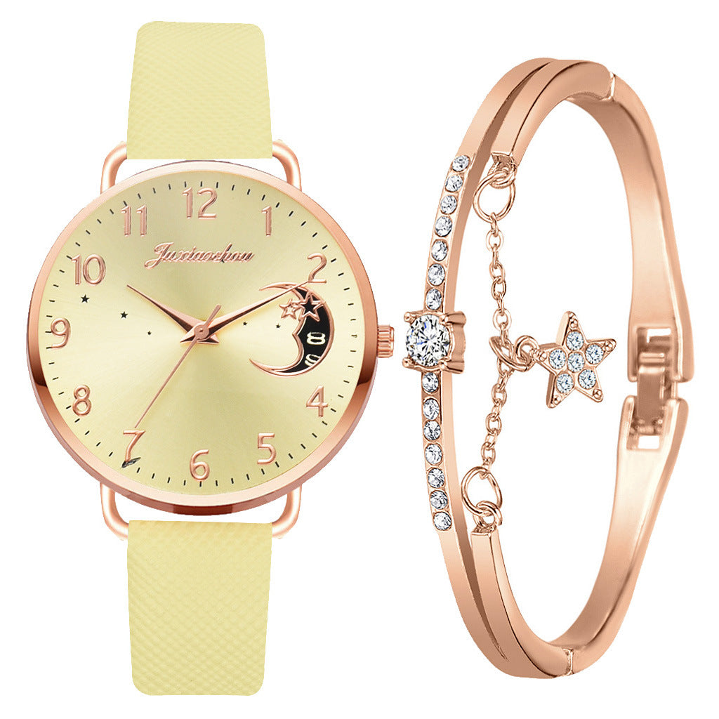 Women's Pu Strap Moon Pattern Quartz Watch Set