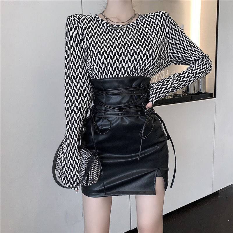 Women's Strappy High Waist Slit Leather Skirt