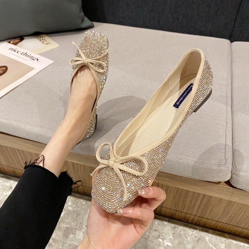 Women's Rhinestone Square Toe Flat Tods Shoes