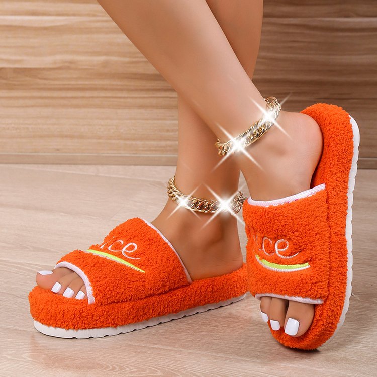 Peep Toe House Slippers For Women Winter Furry Shoes