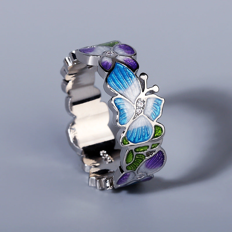 Creative Flower Enamel Epoxy Silver Diamond Ring For Women