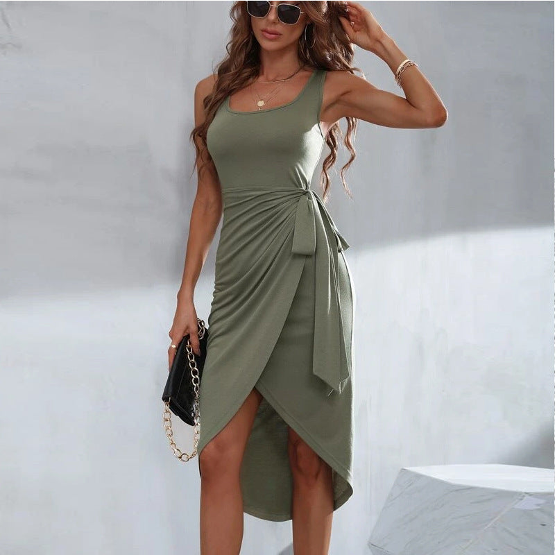 Irregular Solid Color Vest Lace-up Mid-length Dress