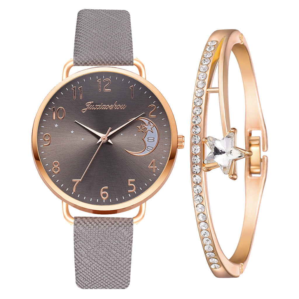 Women's Pu Strap Moon Pattern Quartz Watch Set