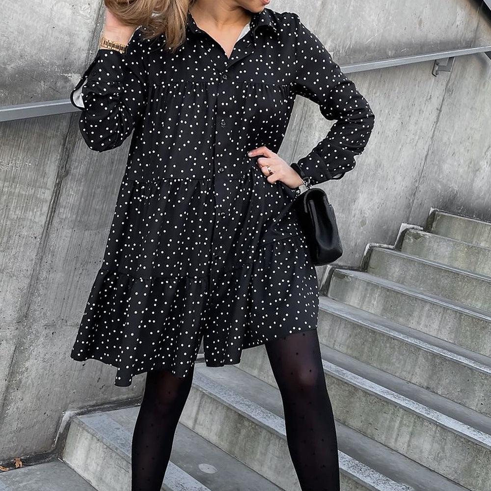 Long-Sleeved Lapel Casual Fashion Printed Dress With Big Swing