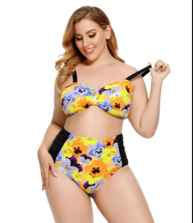 Plus Size Ruched Bikini Floral Printed Swimsuit Europe And America