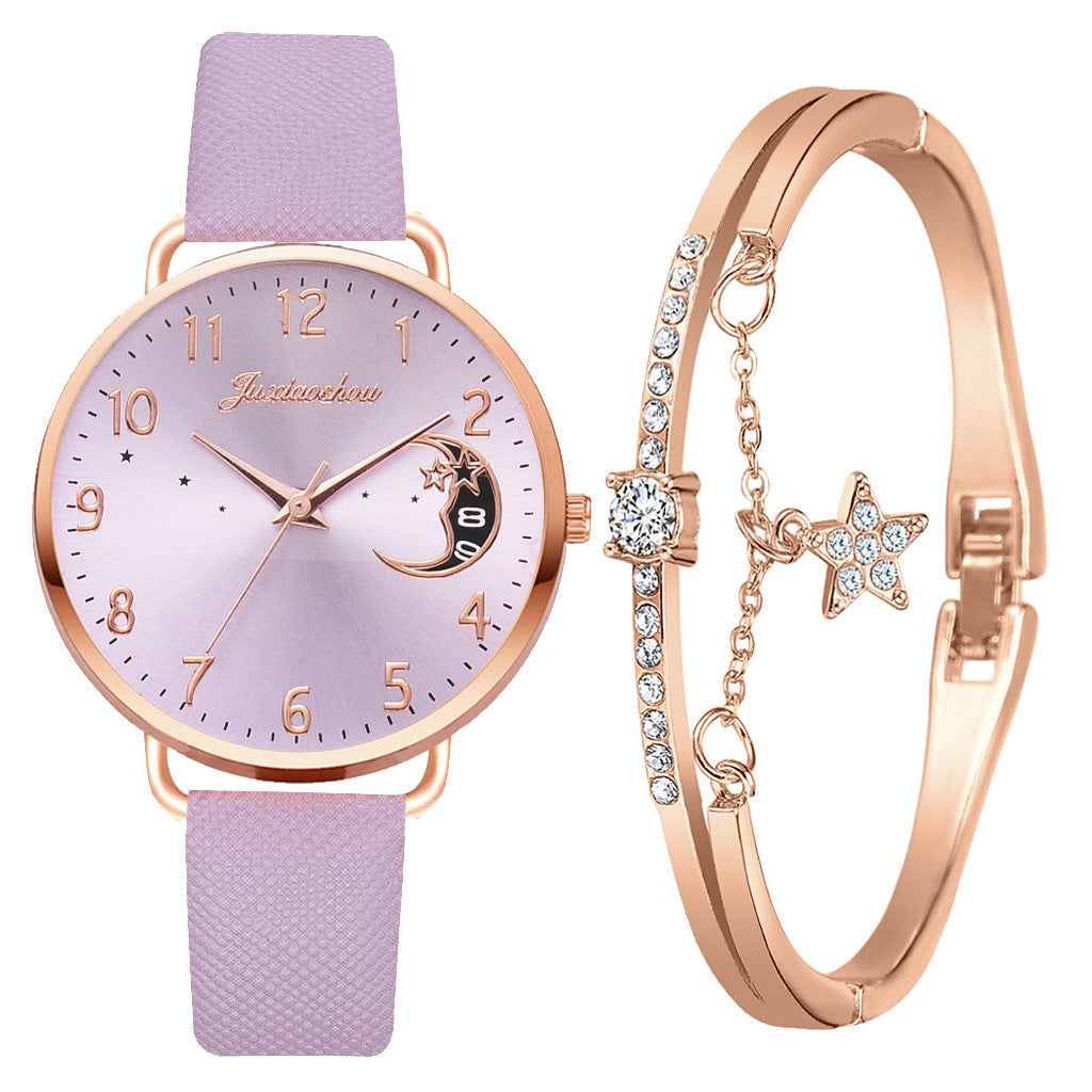 Women's Pu Strap Moon Pattern Quartz Watch Set