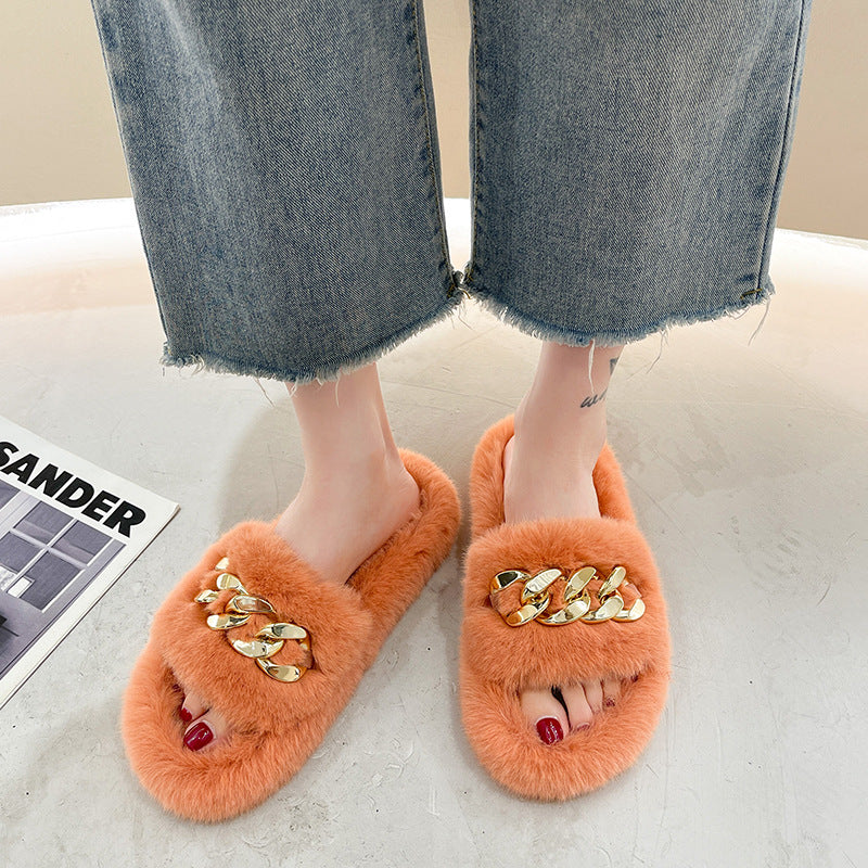 Chain Fuzzy Slippers Fluffy House Shoes For Women Winter