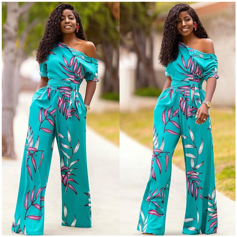 One-shoulder Printed Short-sleeved Wide-leg Jumpsuit Women