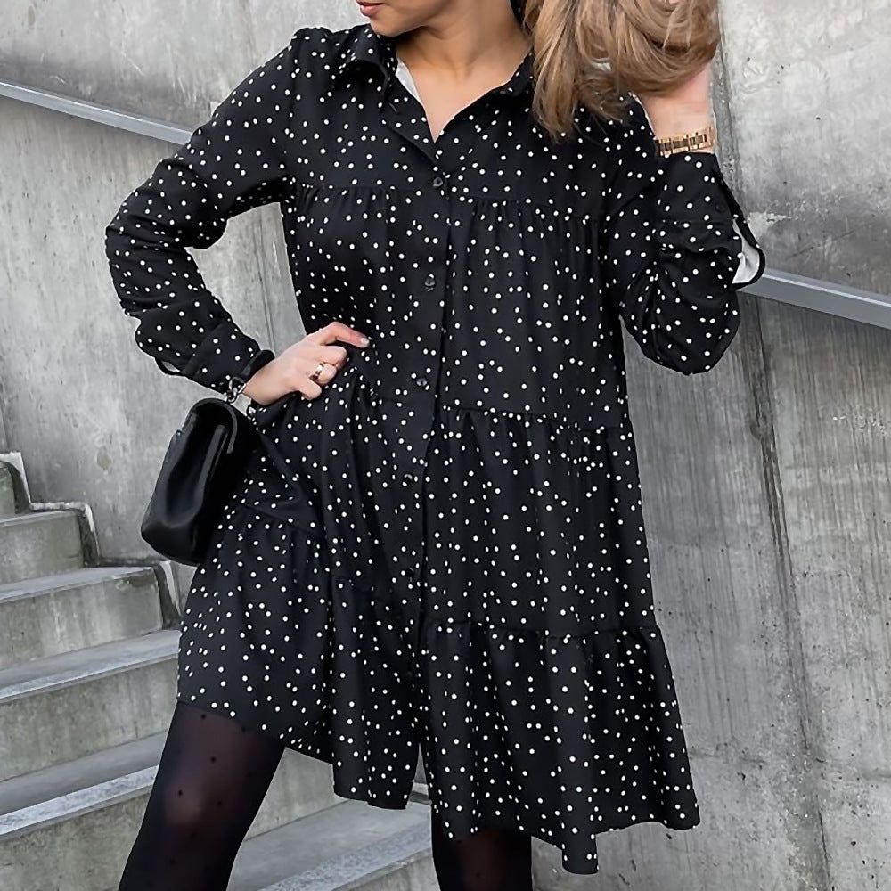 Long-Sleeved Lapel Casual Fashion Printed Dress With Big Swing