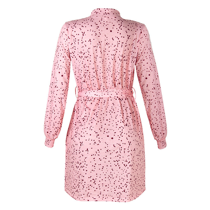 Printed Long Sleeve Turtleneck Loose Lace-Up Dress