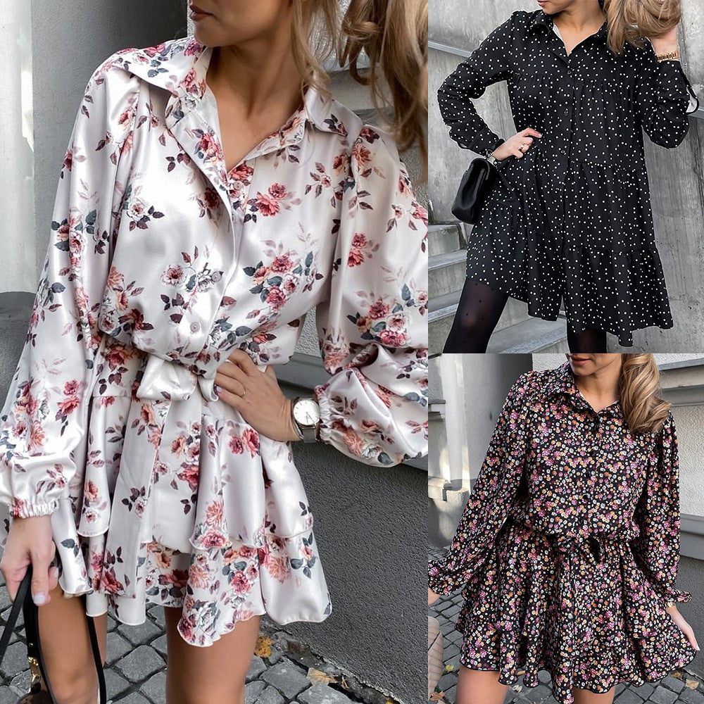 Long-Sleeved Lapel Casual Fashion Printed Dress With Big Swing