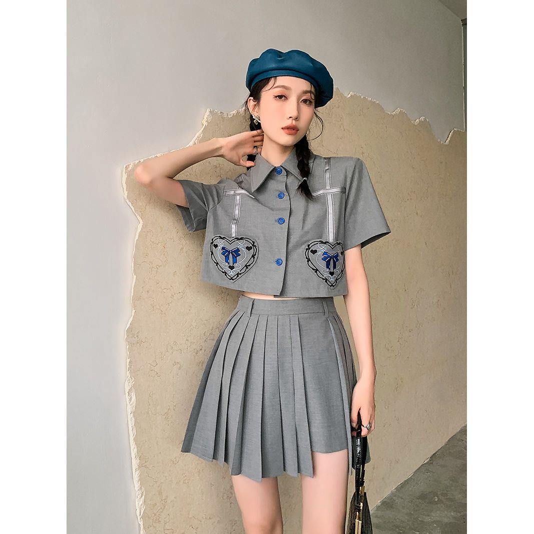 Soft Girl Short-sleeved Lapel Top And High-waist Pleated Skirt