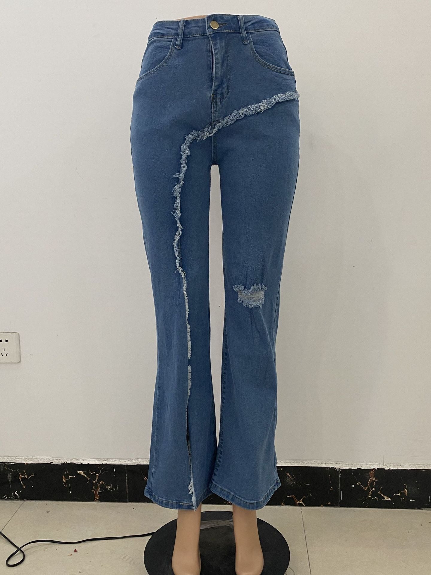 Nuevo estilo elástico rasgado pantalones acampanados jeans mujeres