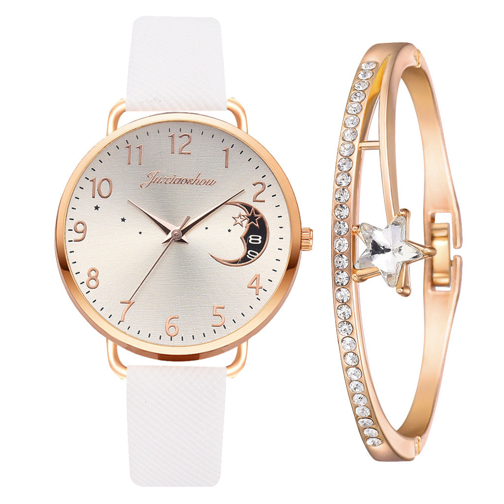 Women's Pu Strap Moon Pattern Quartz Watch Set