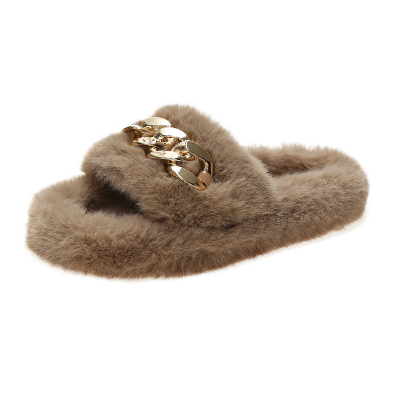 Chain Fuzzy Slippers Fluffy House Shoes For Women Winter