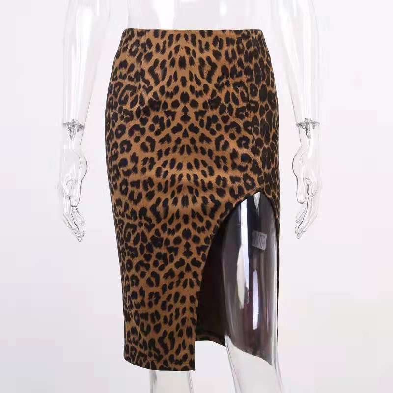 Women's High Waist Split Leopard Print Skirt