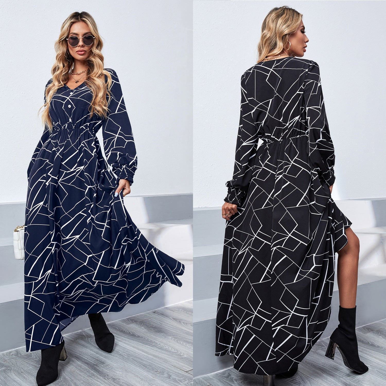 Elegant Women's Printed High Waist Dress