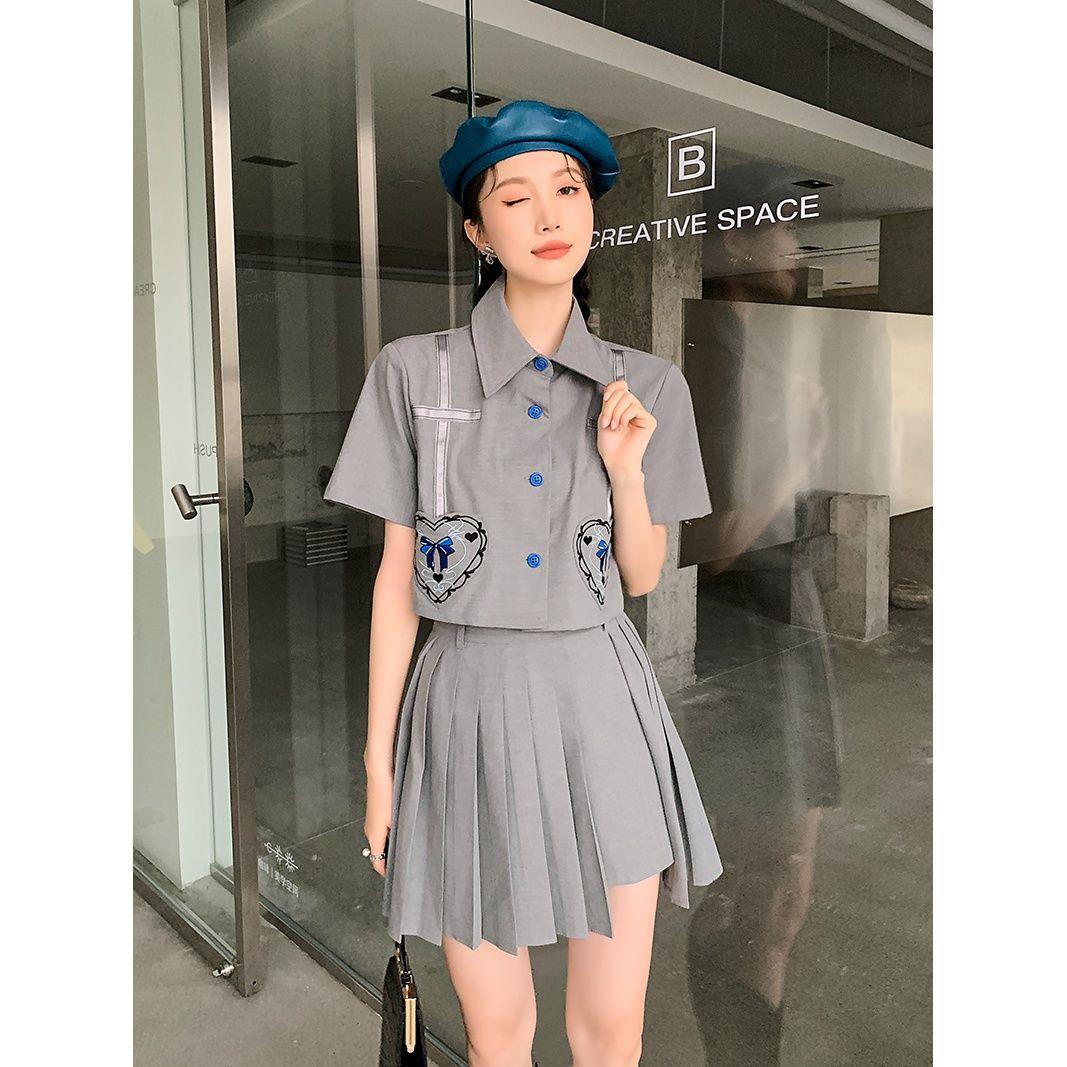 Soft Girl Short-sleeved Lapel Top And High-waist Pleated Skirt