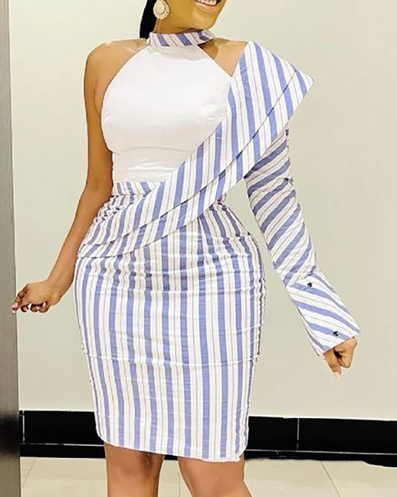 Blue Striped Asymmetric Turn-over Shoulder Long-sleeved Tight Skirt