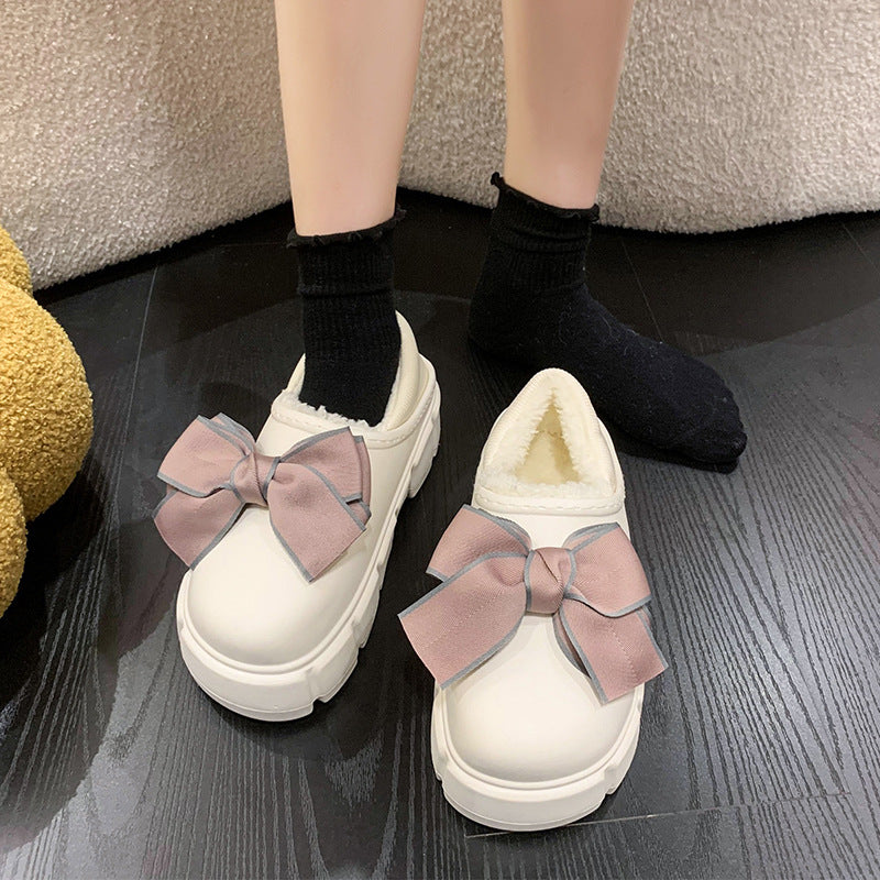 Bowknot Cotton Slippers Warm With Velvet Waterproof Home Indoor Platform Cotton Shoes