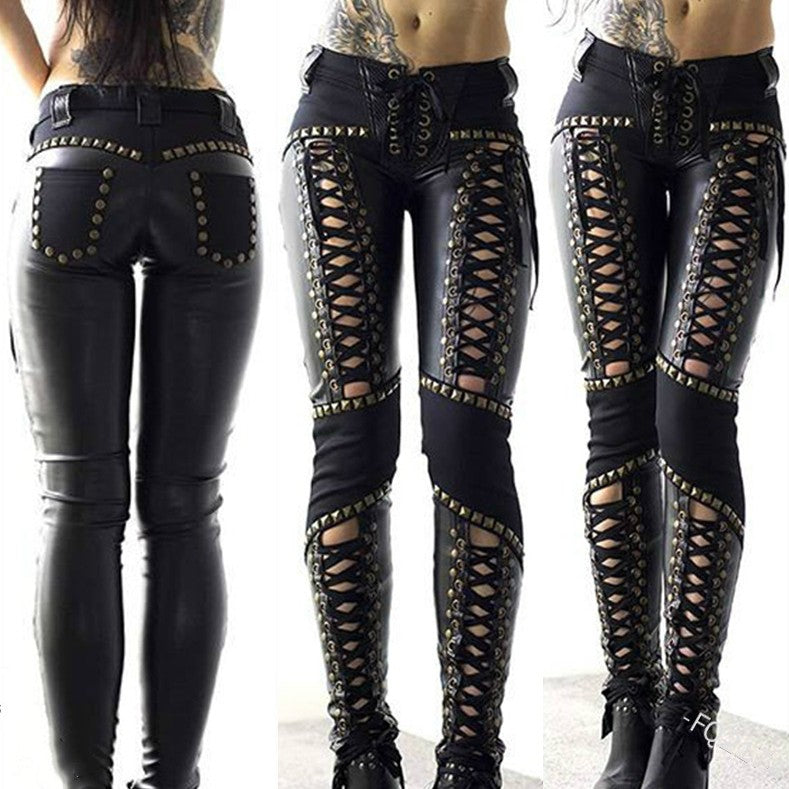 Punk Rock Leather Skinny Pants Strap Base Leather Pants