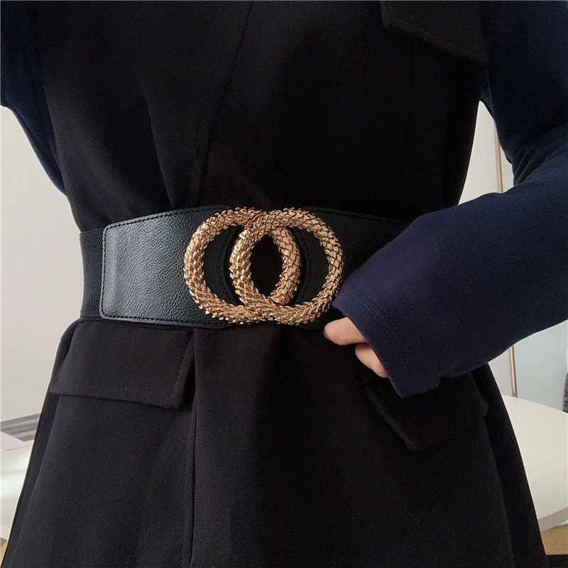 Nuevo Cinturón elástico de moda con doble anillo negro, hebilla de Metal dorado, cintura elástica, sello de cintura ancha, Simple y versátil