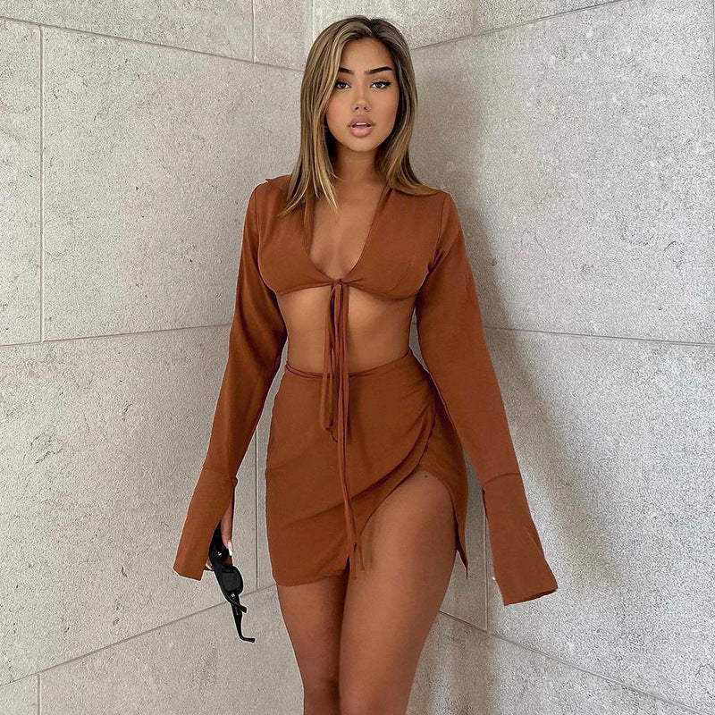 Women's Long Sleeve Lace-Up Cardigan Slit Pack Hip Skirt