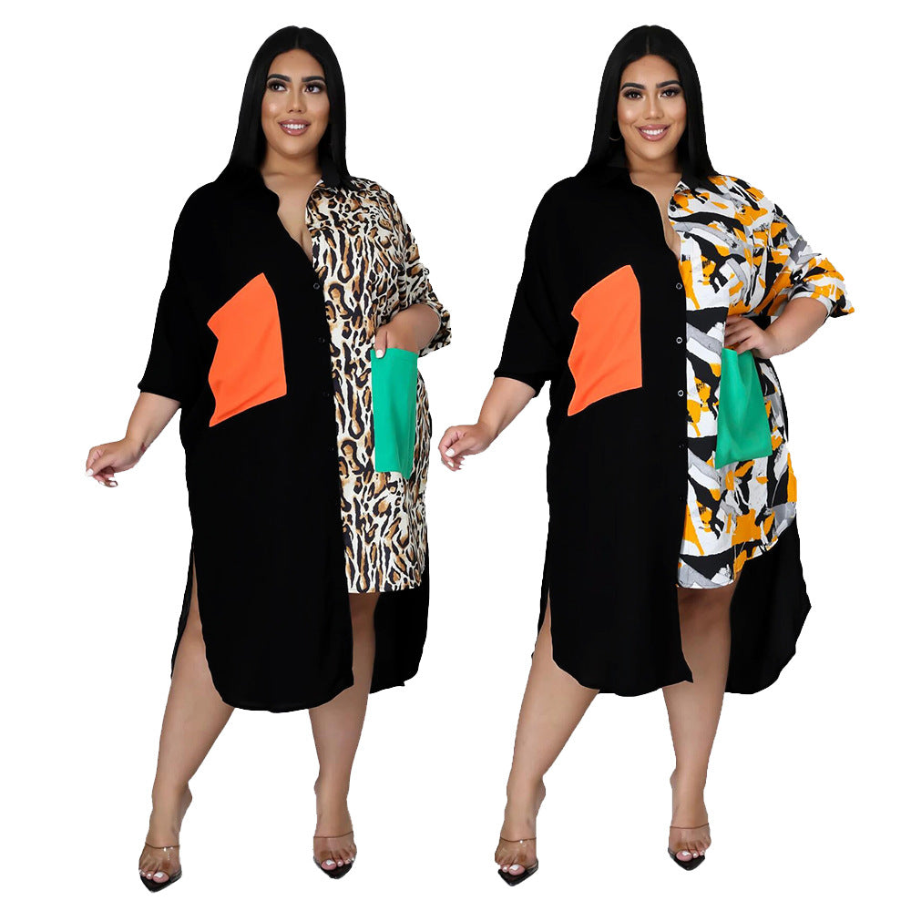 Women Plus Size Dress Patchwork Turn-down Collar Single Breasted