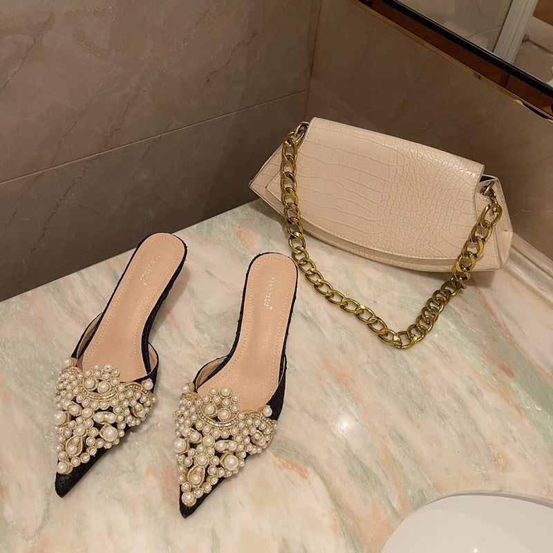 Fashion Pointed Pearl Half Stiletto Closed Toe Mid Heel Slippers