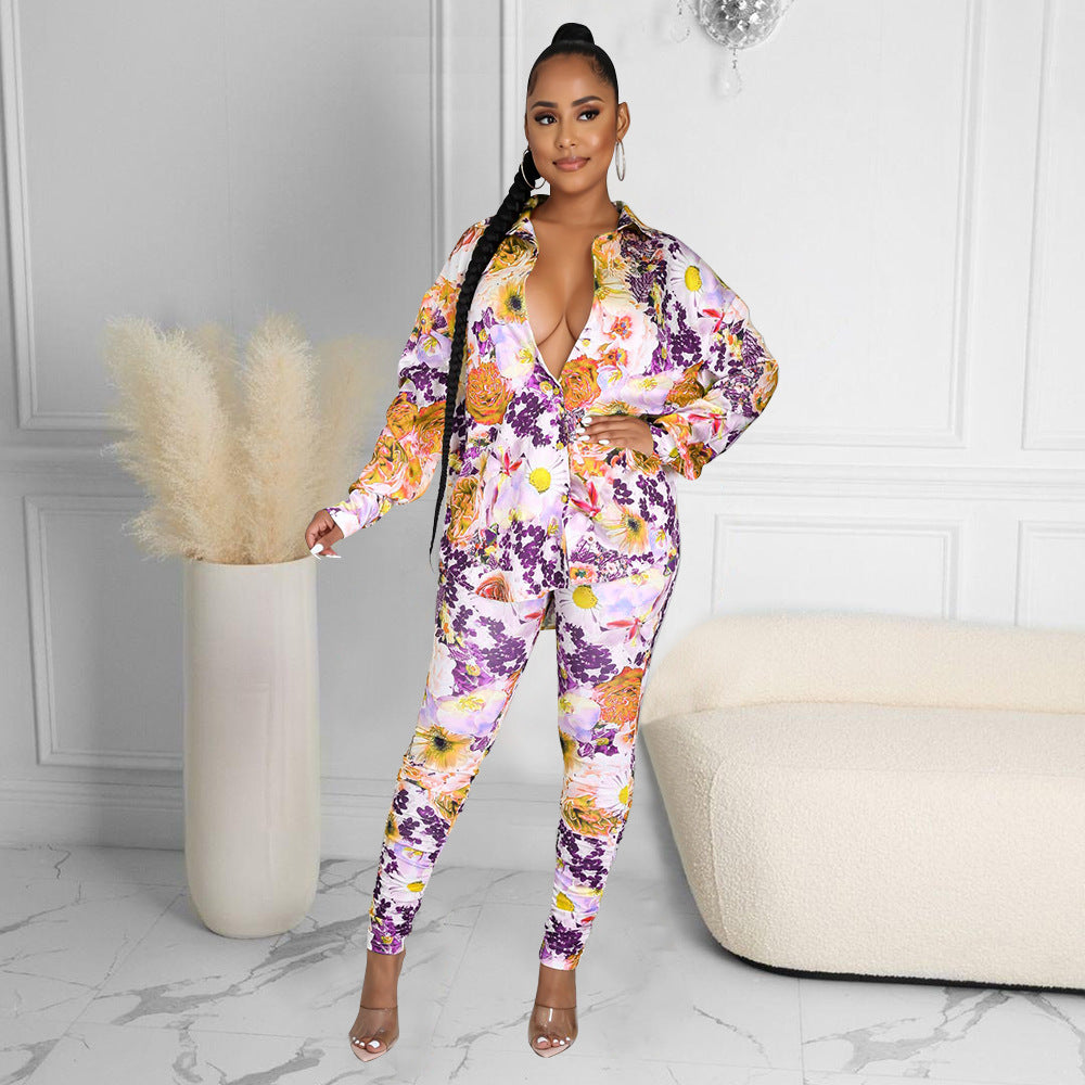 Fashion Casual Sexy Print Long Sleeve Two-Piece Suit