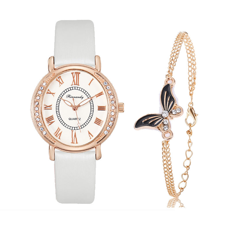 Women's Leather Strap With Quartz Fashion Inlaid Rhinestones