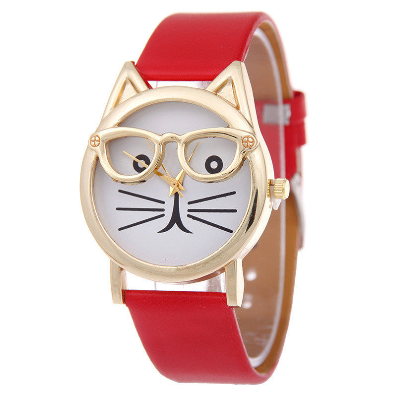 Cartoon Watch With Glasses Cat Student Belt Watch Women's Quartz Watch Gift Watch