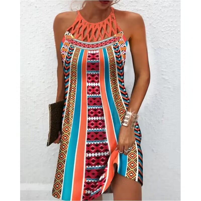 Vestido estampado de moda Vestidos casuales con cuello halter para mujer Ropa de verano