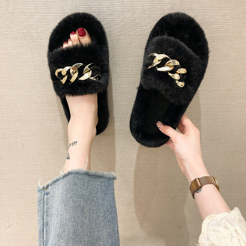 Chain Fuzzy Slippers Fluffy House Shoes For Women Winter