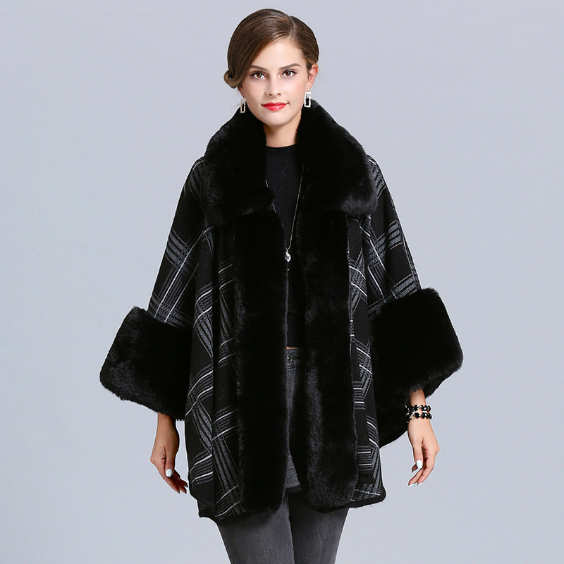 Fashion Plaid Poncho Women Faux Fox Fur Neck Cape Winter